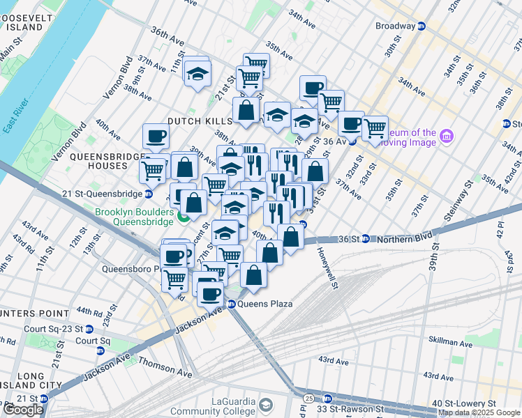 map of restaurants, bars, coffee shops, grocery stores, and more near 3915 28th Street in Queens