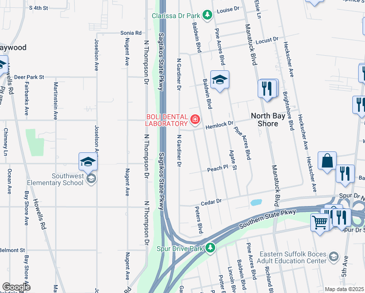 map of restaurants, bars, coffee shops, grocery stores, and more near 1555 North Gardiner Drive in Bay Shore