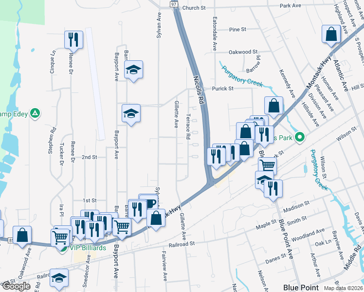 map of restaurants, bars, coffee shops, grocery stores, and more near 545 Gillette Avenue in Bayport