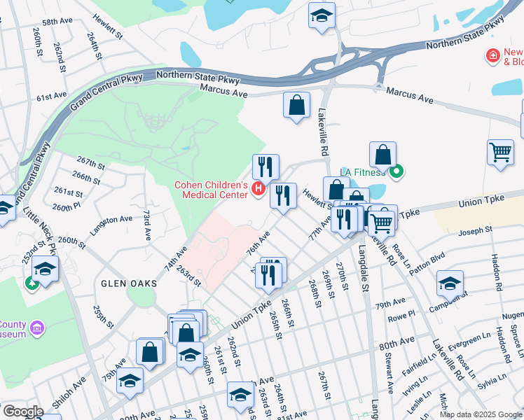 map of restaurants, bars, coffee shops, grocery stores, and more near 269-01 76th Avenue in Queens