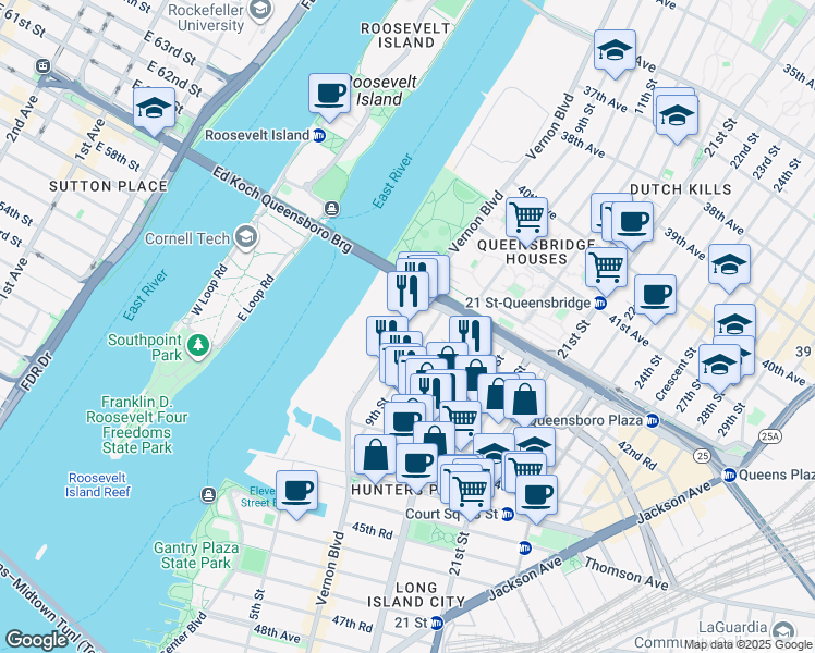 map of restaurants, bars, coffee shops, grocery stores, and more near 42-25B Vernon Boulevard in Queens