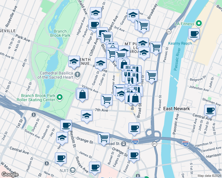 map of restaurants, bars, coffee shops, grocery stores, and more near 84 Summer Avenue in Newark