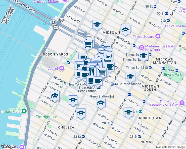 map of restaurants, bars, coffee shops, grocery stores, and more near 369 West 34th Street in New York