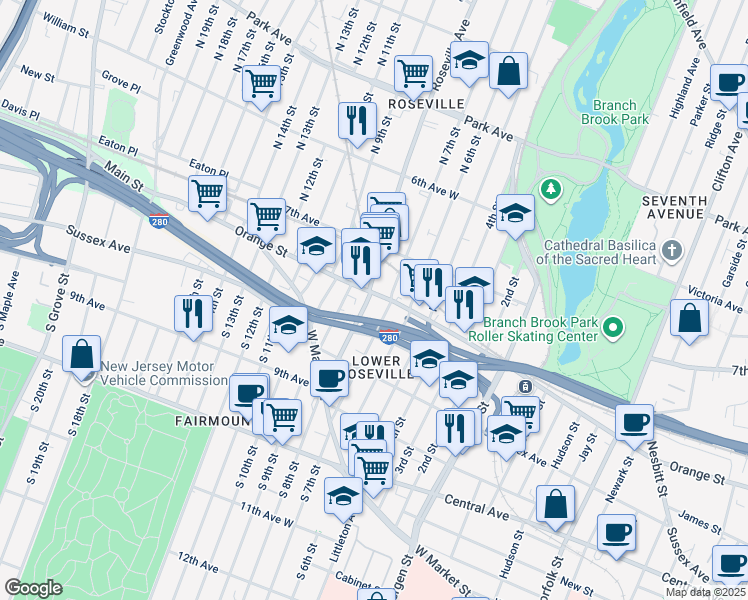map of restaurants, bars, coffee shops, grocery stores, and more near in Newark