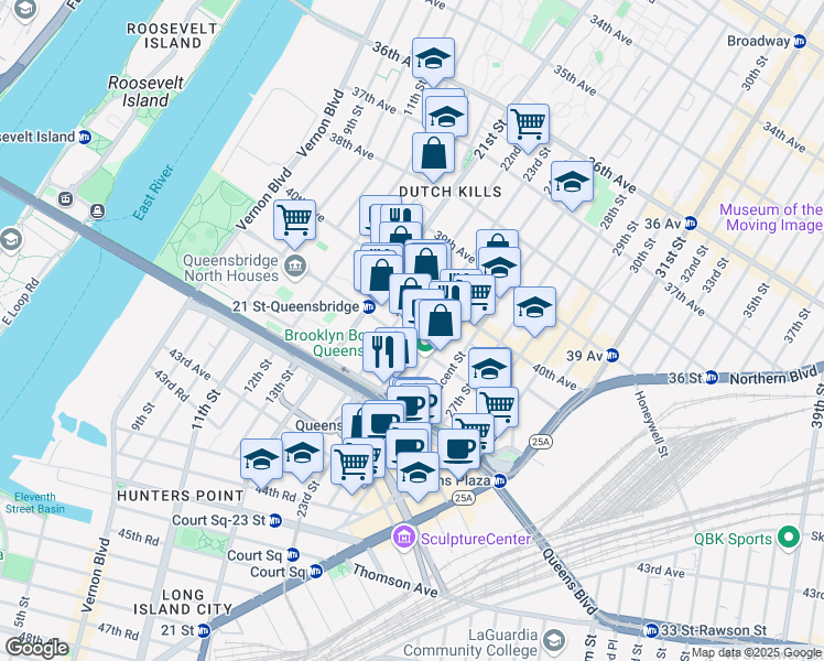 map of restaurants, bars, coffee shops, grocery stores, and more near 22-19 41st Avenue in Queens