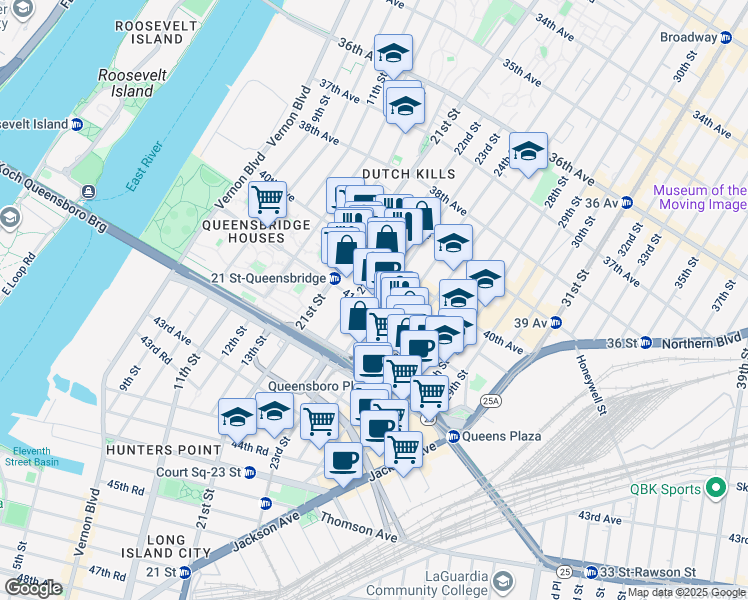 map of restaurants, bars, coffee shops, grocery stores, and more near 22-19 41st Avenue in Queens