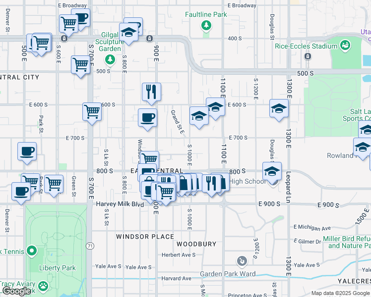 map of restaurants, bars, coffee shops, grocery stores, and more near 724 South 1000 East in Salt Lake City