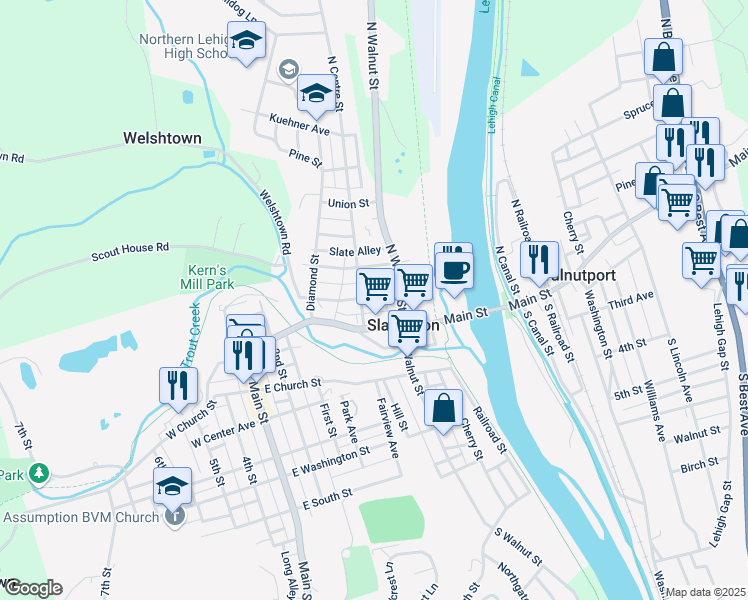map of restaurants, bars, coffee shops, grocery stores, and more near 219 Chestnut Street in Slatington