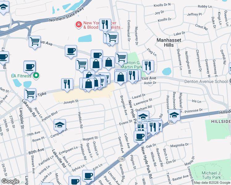 map of restaurants, bars, coffee shops, grocery stores, and more near 60 Soma Street in North New Hyde Park