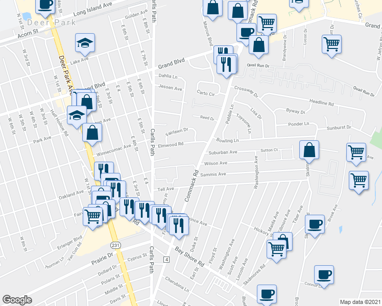map of restaurants, bars, coffee shops, grocery stores, and more near 308 Commack Road in Deer Park