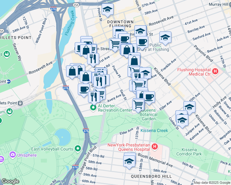 map of restaurants, bars, coffee shops, grocery stores, and more near 132-35 Pople Avenue in Queens