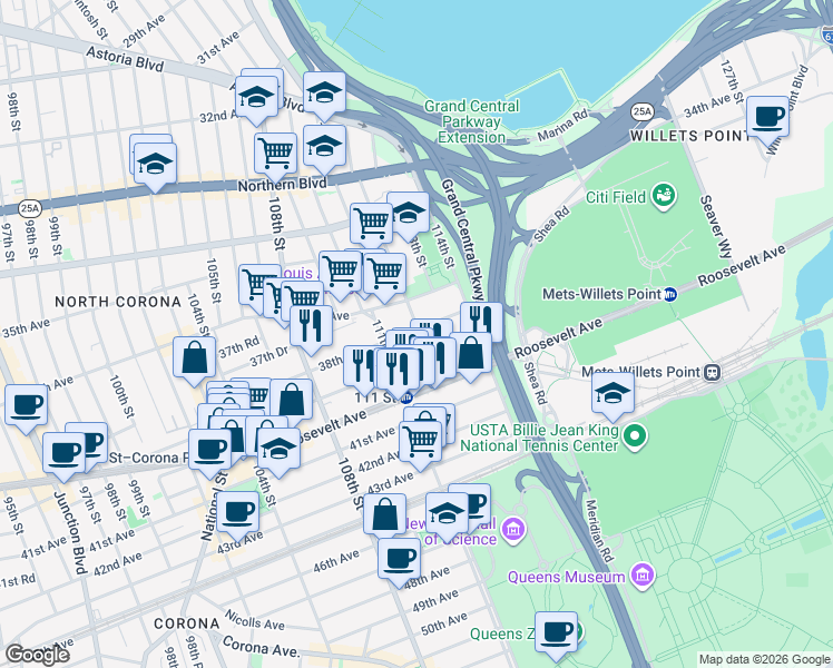 map of restaurants, bars, coffee shops, grocery stores, and more near 38-2 112th Street in Queens