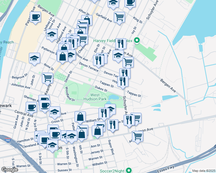 map of restaurants, bars, coffee shops, grocery stores, and more near 126 Tappan Street in Kearny