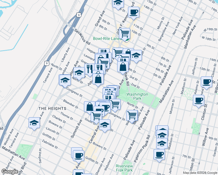 map of restaurants, bars, coffee shops, grocery stores, and more near 34 Irving Street in Jersey City