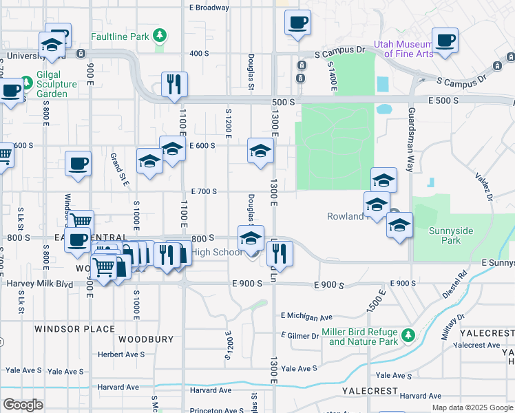 map of restaurants, bars, coffee shops, grocery stores, and more near 721 Douglas Street in Salt Lake City