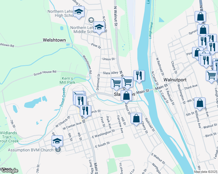 map of restaurants, bars, coffee shops, grocery stores, and more near 311 Chestnut Street in Slatington