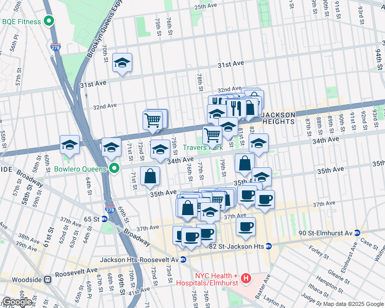 map of restaurants, bars, coffee shops, grocery stores, and more near 76-09 34th Avenue in Queens