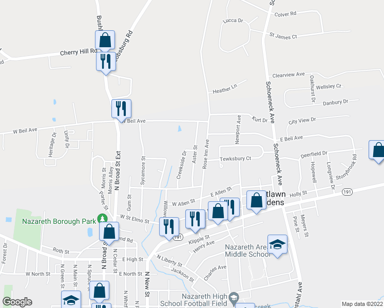 map of restaurants, bars, coffee shops, grocery stores, and more near 198 Creekside Drive in Nazareth