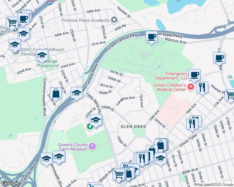 map of restaurants, bars, coffee shops, grocery stores, and more near 70-6 261st Street in Queens