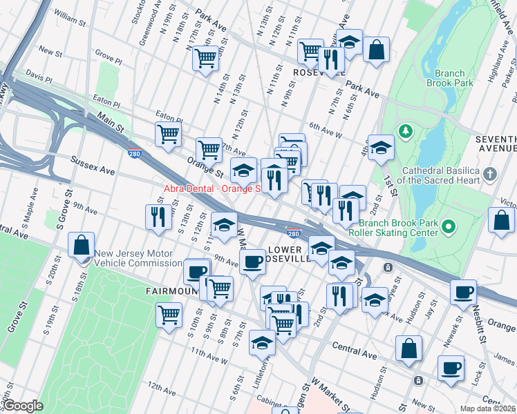 map of restaurants, bars, coffee shops, grocery stores, and more near 46A Myrtle Avenue in Newark