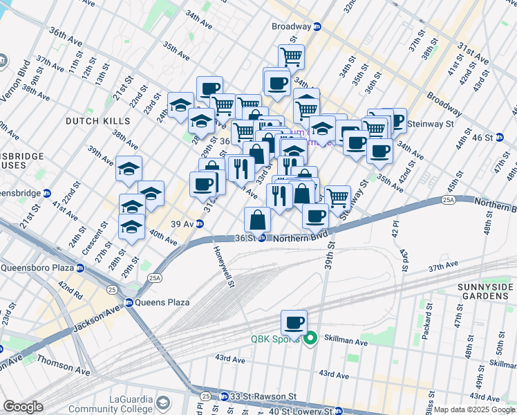 map of restaurants, bars, coffee shops, grocery stores, and more near 3708 34th Street in Queens