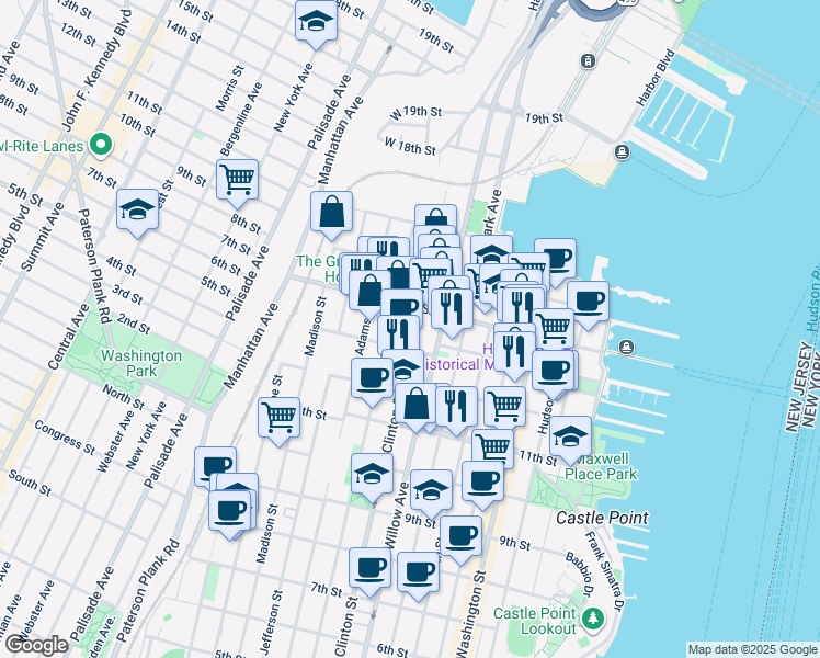 map of restaurants, bars, coffee shops, grocery stores, and more near 1300 Clinton Street in Hoboken