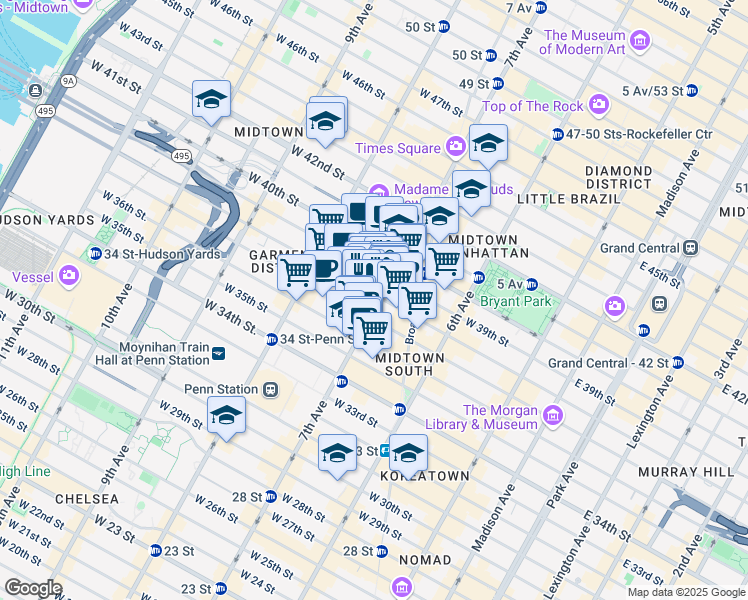 map of restaurants, bars, coffee shops, grocery stores, and more near 518 Fashion Avenue in New York