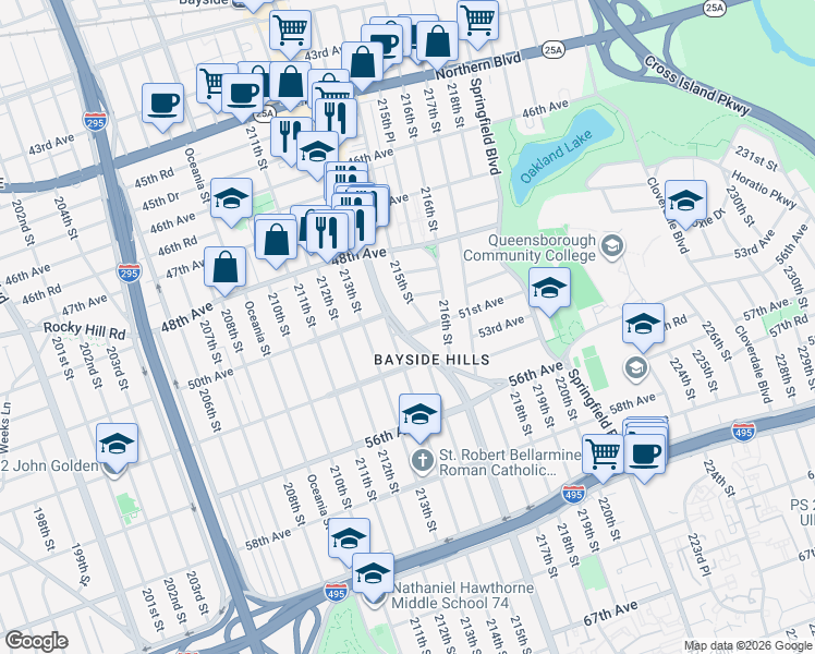 map of restaurants, bars, coffee shops, grocery stores, and more near 214-19 51st Avenue in Queens