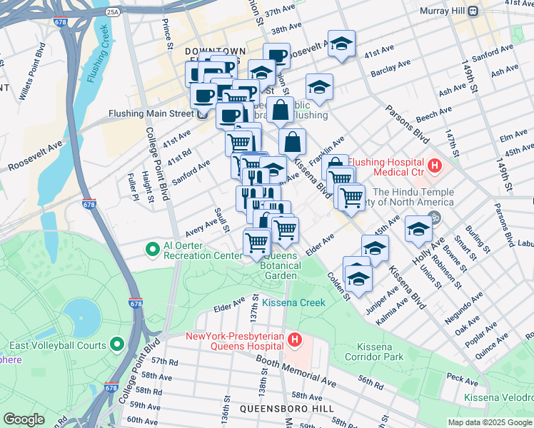 map of restaurants, bars, coffee shops, grocery stores, and more near 42-73 Main Street in Queens