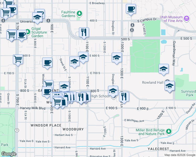 map of restaurants, bars, coffee shops, grocery stores, and more near 721 Elizabeth Street in Salt Lake City