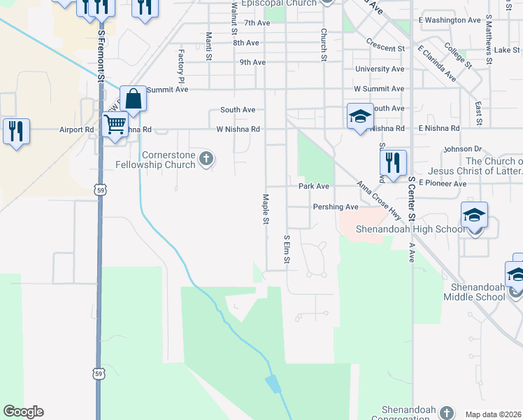 map of restaurants, bars, coffee shops, grocery stores, and more near 1300-1610 Maple Street in Shenandoah