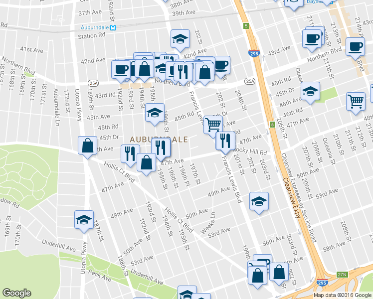map of restaurants, bars, coffee shops, grocery stores, and more near 46-22 197th Street in Queens