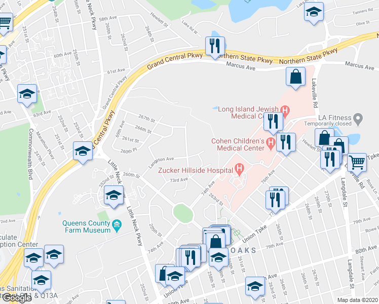 map of restaurants, bars, coffee shops, grocery stores, and more near 264-4 73rd Avenue in Queens