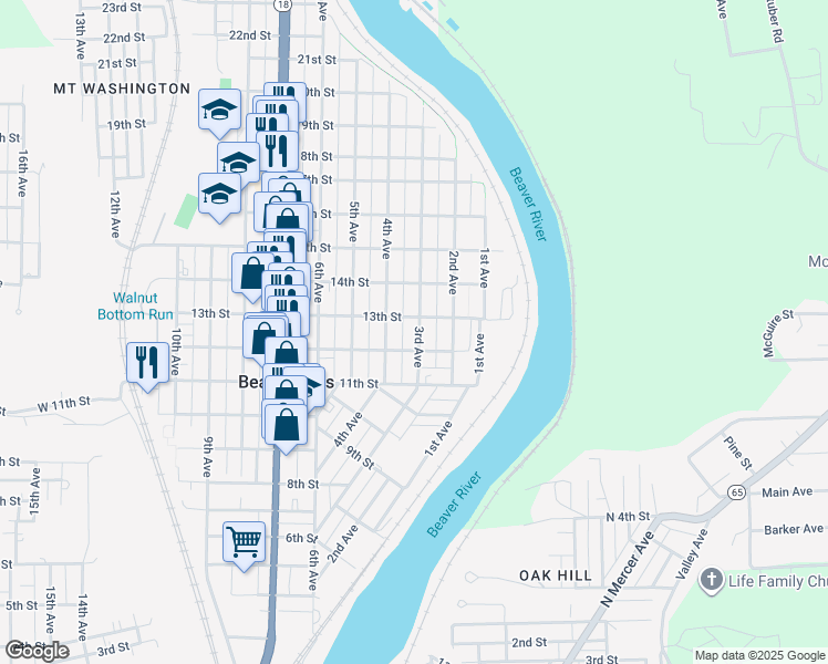 map of restaurants, bars, coffee shops, grocery stores, and more near 1217 3rd Avenue in Beaver Falls