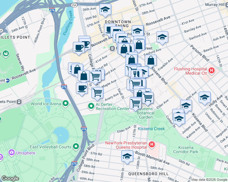 map of restaurants, bars, coffee shops, grocery stores, and more near 132-71 Avery Avenue in Queens