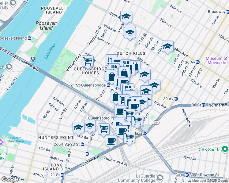 map of restaurants, bars, coffee shops, grocery stores, and more near 41st Avenue in Queens