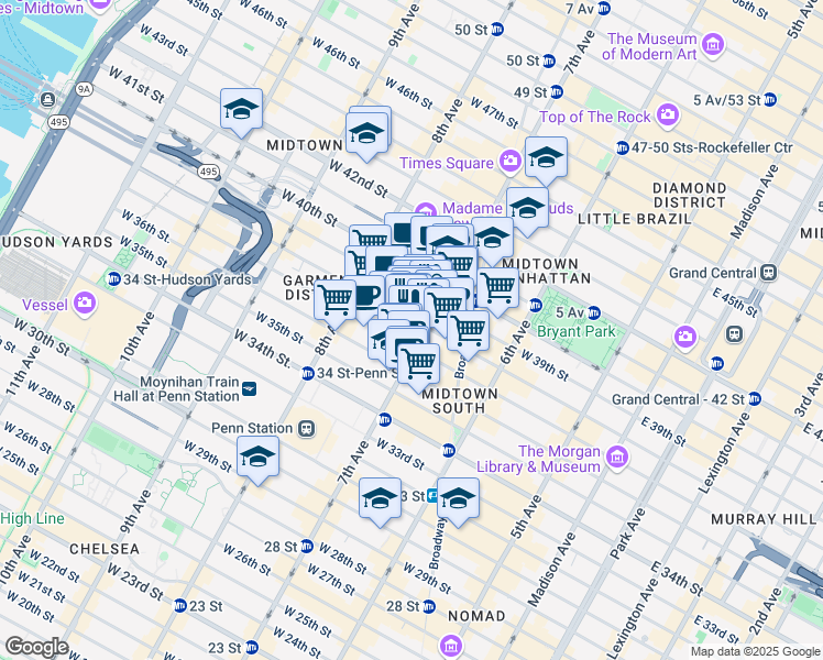map of restaurants, bars, coffee shops, grocery stores, and more near 512 Fashion Avenue in New York