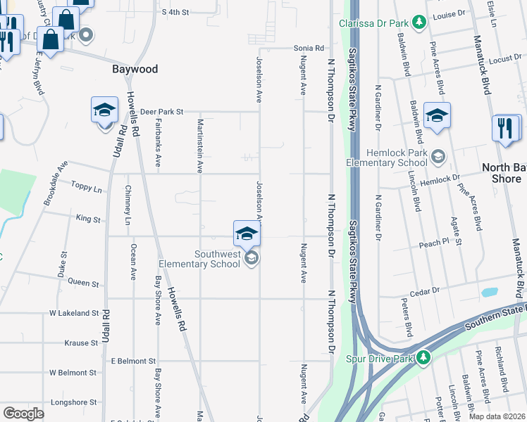 map of restaurants, bars, coffee shops, grocery stores, and more near 1108 Joselson Avenue in Bay Shore