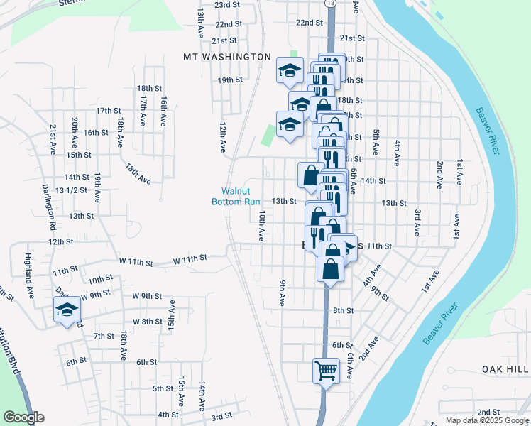 map of restaurants, bars, coffee shops, grocery stores, and more near 1212 10th Avenue in Beaver Falls