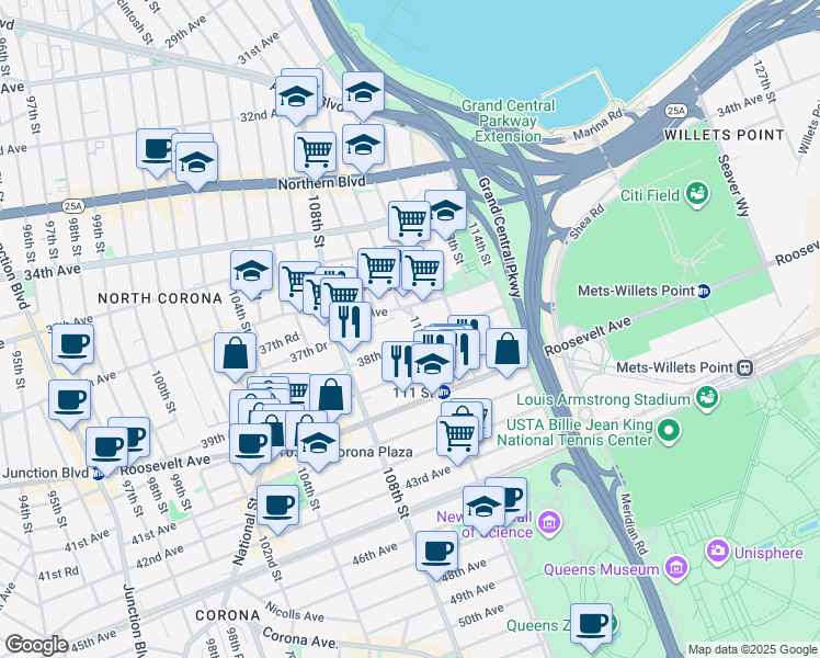 map of restaurants, bars, coffee shops, grocery stores, and more near 37-20 111th Street in Queens