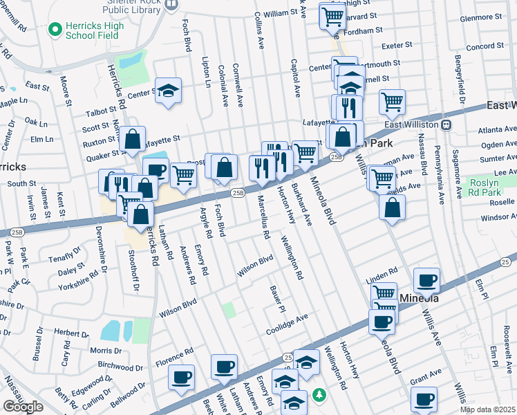 map of restaurants, bars, coffee shops, grocery stores, and more near 528 Liberty Avenue in Williston Park