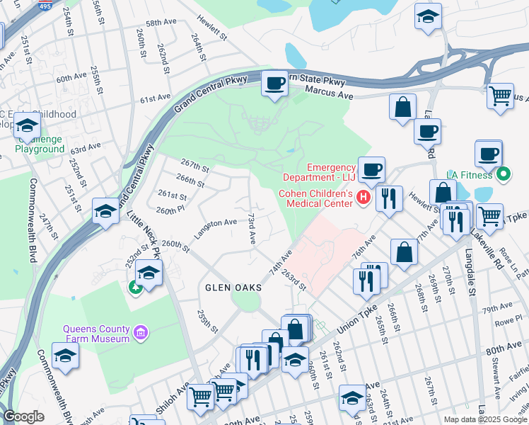 map of restaurants, bars, coffee shops, grocery stores, and more near 264-9 Langston Avenue in Queens