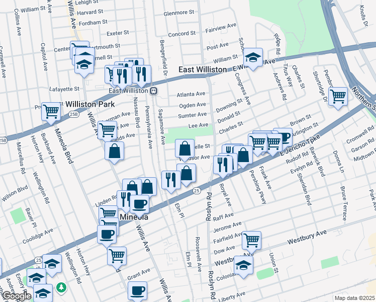 map of restaurants, bars, coffee shops, grocery stores, and more near 35 Roselle Street in Mineola