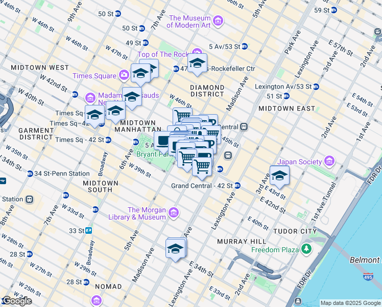 map of restaurants, bars, coffee shops, grocery stores, and more near 505 5th Avenue in New York