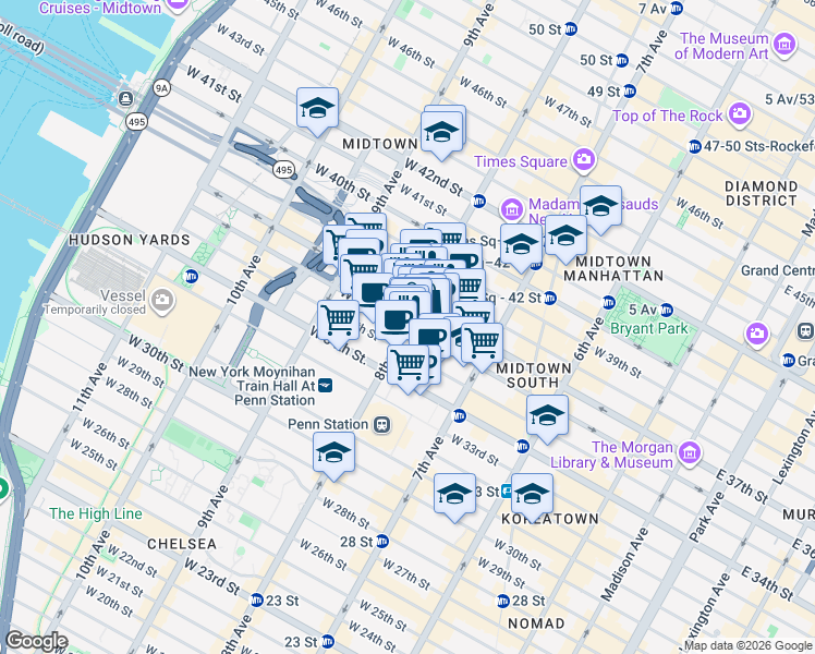 map of restaurants, bars, coffee shops, grocery stores, and more near West 36th Street in New York