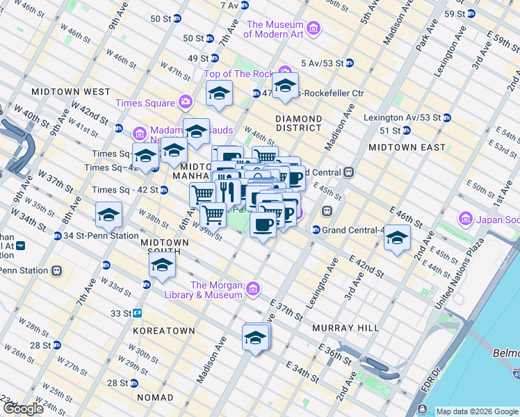 map of restaurants, bars, coffee shops, grocery stores, and more near in New York
