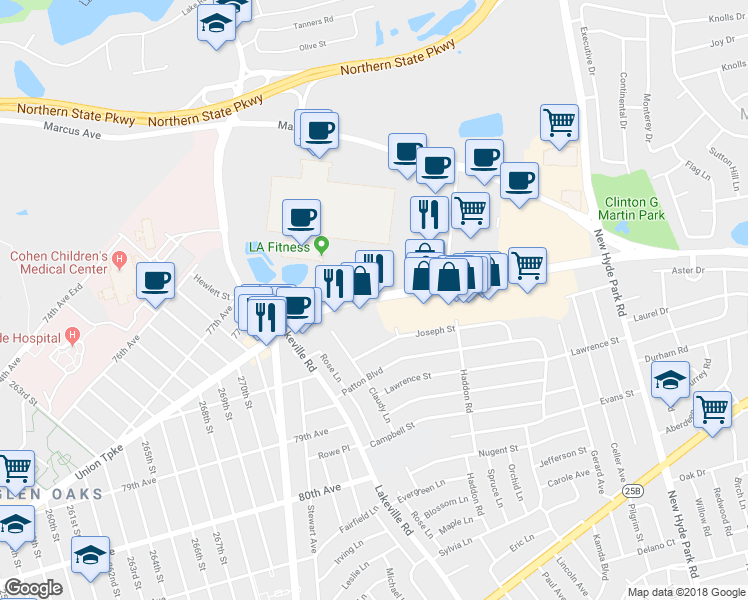 map of restaurants, bars, coffee shops, grocery stores, and more near 1330 Union Turnpike in New Hyde Park