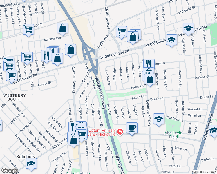map of restaurants, bars, coffee shops, grocery stores, and more near 60 Admiral Lane in Hicksville