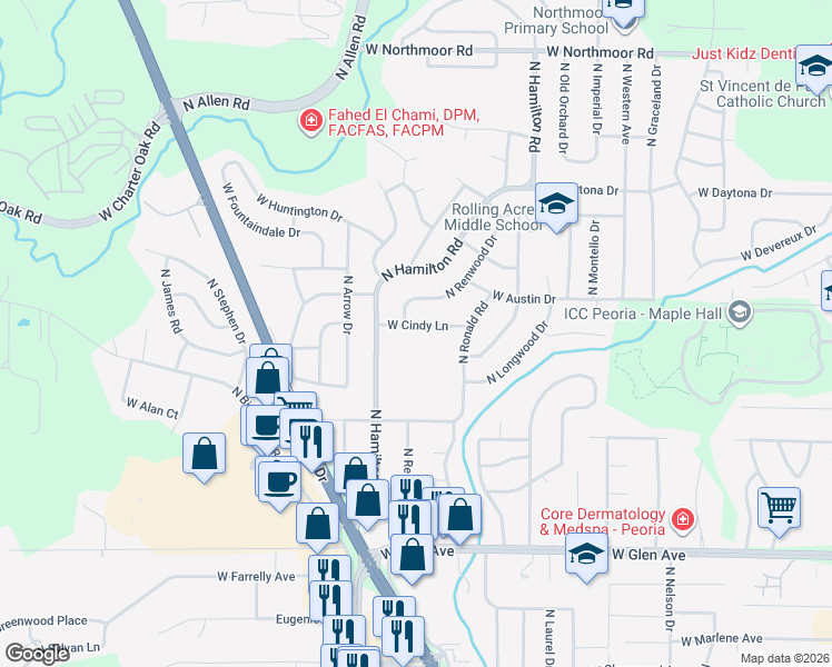 map of restaurants, bars, coffee shops, grocery stores, and more near 2224 West Cindy Lane in Peoria
