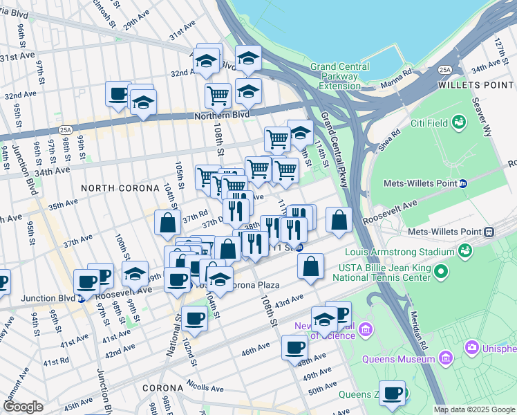 map of restaurants, bars, coffee shops, grocery stores, and more near 10846 37th Drive in Queens